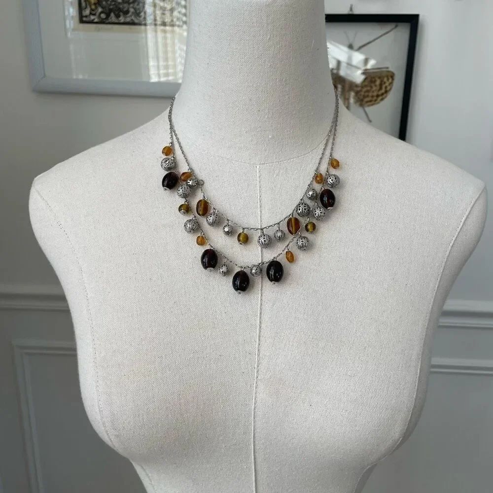 Double Strand Silver Tone Necklace Brown Amber Filagree